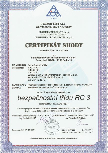 Certifikát shody na bezpečnostní třídu RC 3